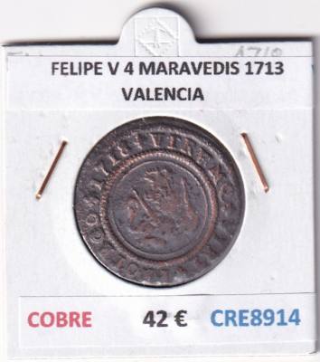 CRE8914 MONEDA ESPAÑA FELIPE V 4 MARAVEDIS 1713 VALENCIA COBRE