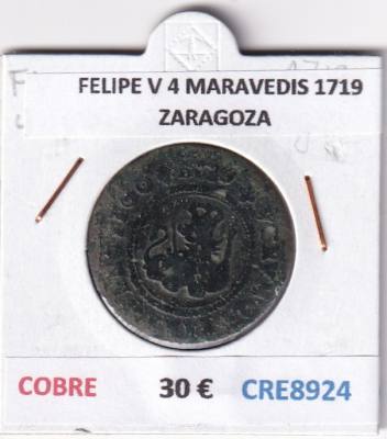 CRE8924 MONEDA ESPAÑA FELIPE V 4 MARAVEDIS 1719 ZARAGOZA COBRE