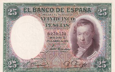 CRBS1946 BILLETE ESPAÑA 25 PESETAS 1931 SIN SERIE EBC+