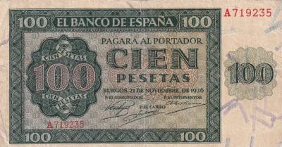 CRBS1984 BILLETE ESPAÑA 100 PESETAS 1936 SERIE A MBC