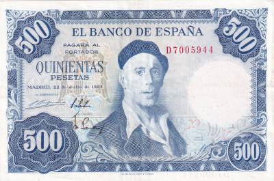 CRBS1992 BILLETE ESPAÑA 500 PESETAS 1954 SERIE D MBC
