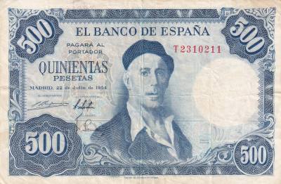 CRBS1995 BILLETE ESPAÑA 500 PESETAS 1954 SERIE T BC