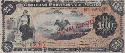 CRBX0381 BILLETE MEXICO 100 PESOS REVALIDADO 1914 MC 