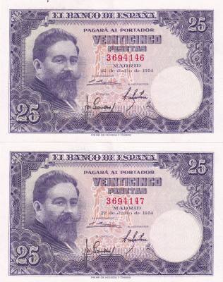 CRBS2008 PAREJA CORRELATIVA BILLETES ESPAÑA 25 PESETAS 1954 SIN SERIE S/C-