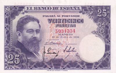 CRBS2009 BILLETE ESPAÑA 25 PESETAS 1954 SIN SERIE S/C-