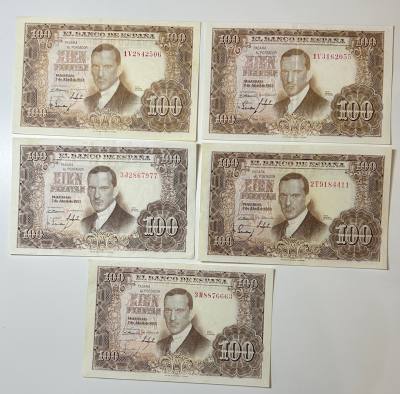 CRBL0624 LOTE 5 BILLETES ESPAÑA 100 PESETAS 1953 VER FOTOS