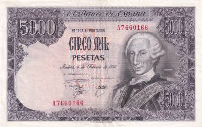 CRBS1028  BILLETES ESPAÑA 5000 PESETAS 1976 SERIE A MBC