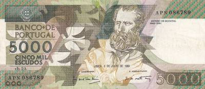 CRBX0662 BILLETE PORTUGAL 5000 ESCUDOS 1989 MBC