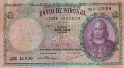 CRBX2498 BILLETE PORTUGAL 20 ESCUDOS 1951 SERIE QJK RESTAURADO