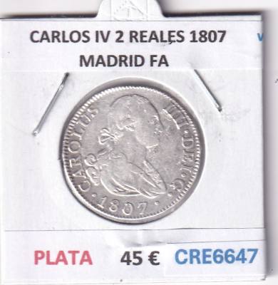 CRE6647 MONEDA ESPAÑA CARLOS IV 2 REALES 1807 MADRID FA PLATA