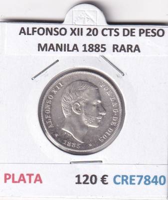 CRE7840 MONEDA ESPAÑA ALFONSO XII 20 CTS DE PESO MANILA 1885 PLATA RARA