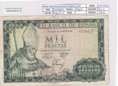 CRBS2055 BILLETE ESPAÑA 1000 PESETAS 1965 SIN SERIE BC+