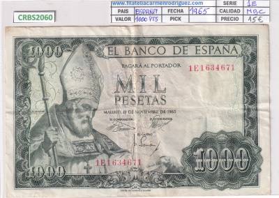 CRBS2060 BILLETE ESPAÑA 1000 PESETAS 1965 SERIE 1E MBC