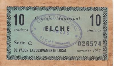 CRBL0200 BILLETE LOCAL ELCHE 10 CTS 1937 MBC