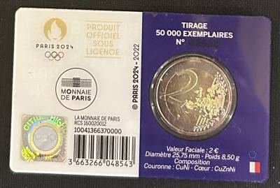 HEUR0637 MONEDA FRANCIA 2 EUROS 2022 (JJOO París 2024) Fondo morado COIN CARD