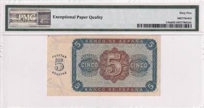 CRMPG057 BILLETE ESPAÑA 5 PESETAS 1938 SERIE L ENCAPSULADO PMG 65