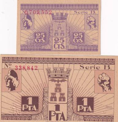 CRBL0612 LOTE 2 BILLETES LOCAL ESPAÑA ALBACETE 1937  1 PESETAS Y 25 CTS MBC