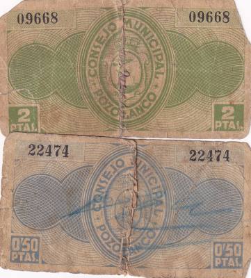CRBL0614 LOTE 2 BILLETES LOCAL ESPAÑA POZOBLANCO 1937 2 PESETAS Y 50 CTS BC
