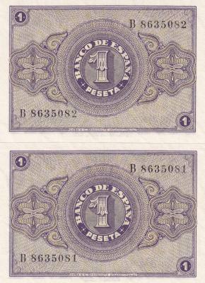 CRBS3245 PAREJA CORRELATIVA BILLETES ESPAÑA 1 PESETA FEBRERO 1938 SERIE B S/C