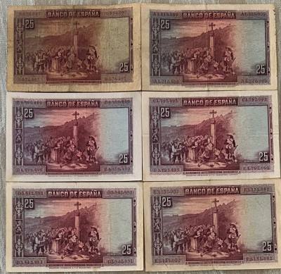 CRBS3259 LOTE 6 BILLETES ESPAÑA 25 PESETAS 1928 TODAS LA SERIES MBC