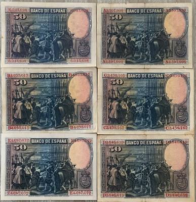CRBS3266 LOTE 6 BILLETES ESPAÑA 50 PESETAS 1928 TODAS LA SERIES MBC