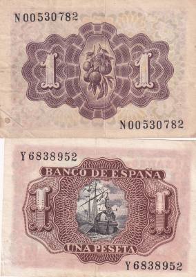 CRBL0619 LOTE 2 BILLETES ESPAÑA 1 PESETA CON SOBRECARGA DE COLOR VER FOTO