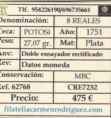 CRE7232 MONEDA ESPAÑA FERNANDO VI 8 REALES 1751 POTOSI MBC