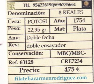 CRE7234 MONEDA ESPAÑA FERNANDO VI 8 REALES 1754 POTOSI MBC/MBC-