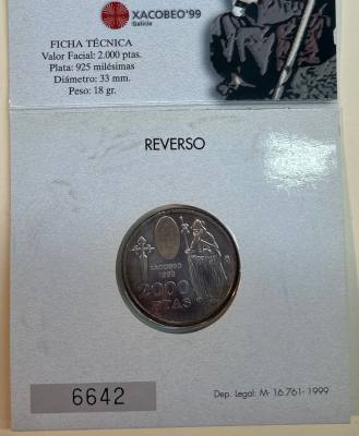 HEXP090 CARTERA ESPAÑA MONEDA 2000 PESETAS 1999 XACOBEO PLATA
