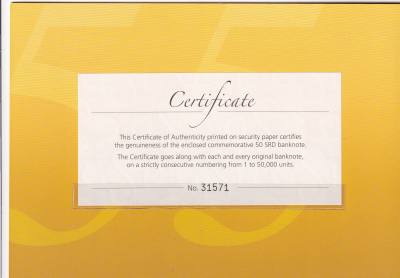 CRBX2898 BILLETE EN FOLDER SURINAME 50 DOLARES 2012 SIN CIRCULAR