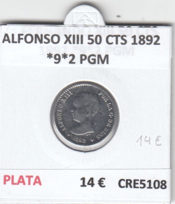 1735897872-cre5108.jpg CRE5108 MONEDA ESPAÑA ALFONSO XIII 50 CTS 1892 *9*2 PGM PLATA - Imagen 1