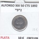 CRE5109 MONEDA ESPAÑA ALFONSO XIII 50 CTS 1892 *9*2 PLATA
