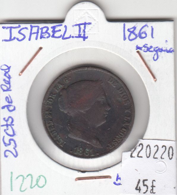 imagen-13-10122.jpg CRE1220 MONEDA ESPAÑA ISABEL II 25 CENTIMOS DE REAL 1861 SEGOVIA - Imagen 1