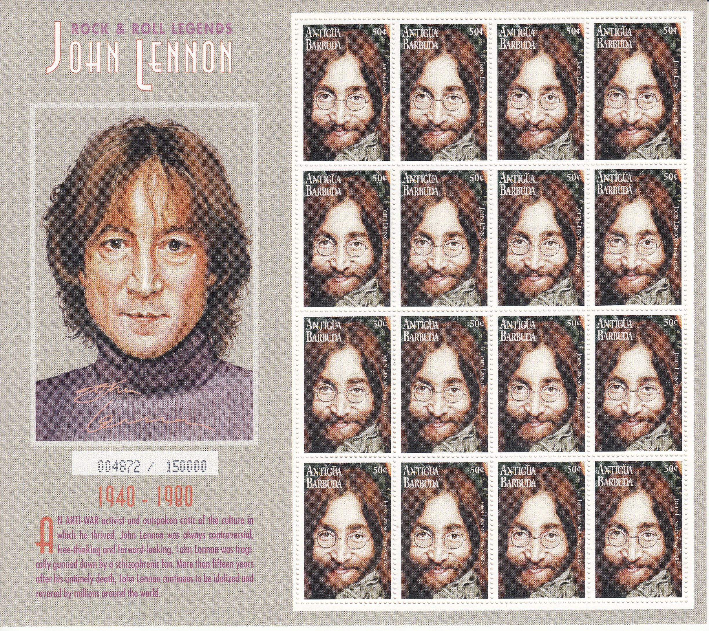 imagen-13-11322.jpg CRSEXT0490 SELLOS HOJA BLOQUE LEYENDAS ROCK & ROLL JOHN LENNON NUEVO - Imagen 1