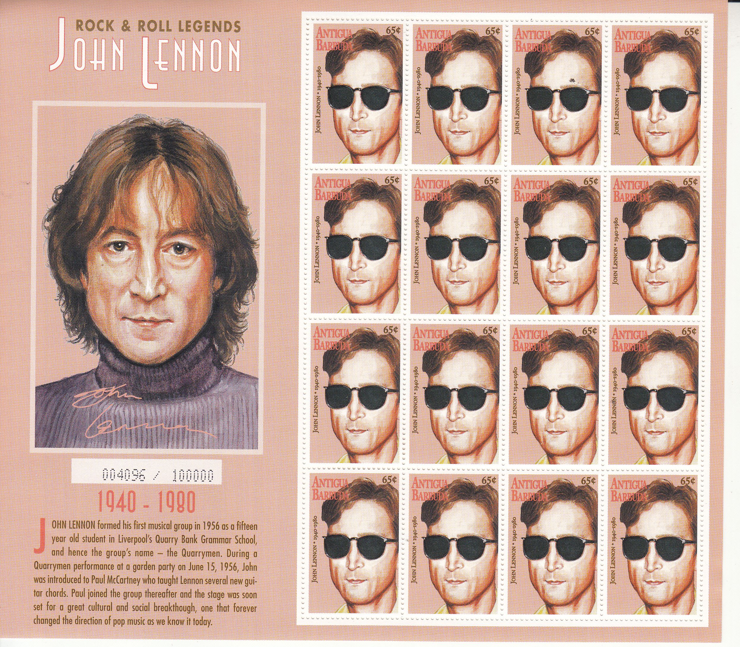 imagen-13-11324.jpg CRSEXT0492 SELLOS HOJA BLOQUE LEYENDAS ROCK & ROLL JOHN LENNON NUEVO - Imagen 1