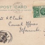 CRCAR335 TARJETA POSTAL CON SELLO 453 Y OTRO DE TAXA  RODILLO 23-05-1935 MARCA 2D EN NEGRO