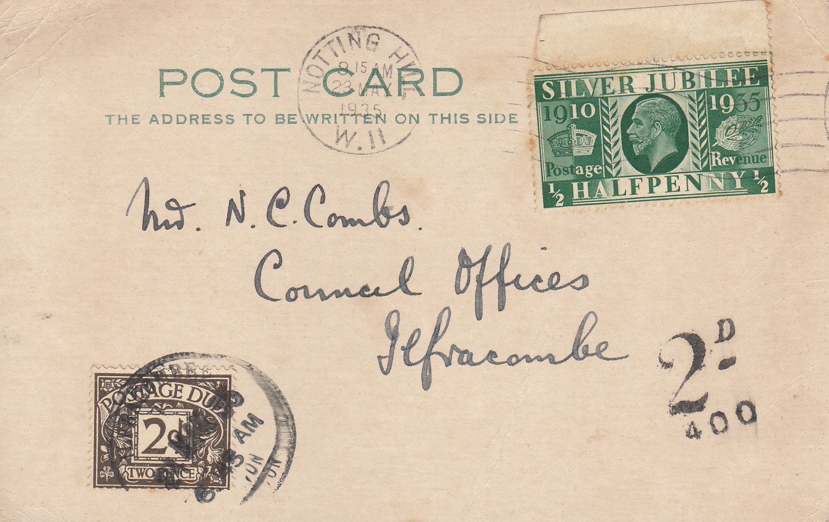 imagen-13-11453.jpg CRCAR335 TARJETA POSTAL CON SELLO 453 Y OTRO DE TAXA RODILLO 23-05-1935 MARCA 2D EN NEGRO - Imagen 1