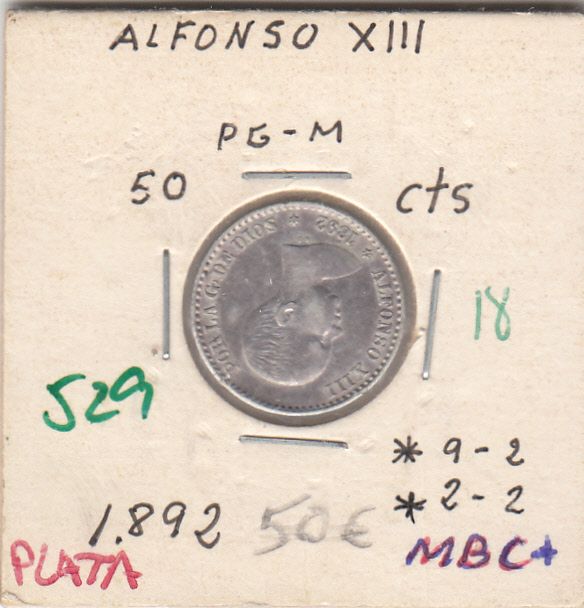 imagen-13-12162.jpg CRE0529 MONEDA ESPAÑA ALFONSO XIII 50 CENTIMOS 1892 PLATA - Imagen 1