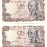2 BILLETES ESPAÑA 100 PESETAS 1970 SERIE ESPECIAL 9B