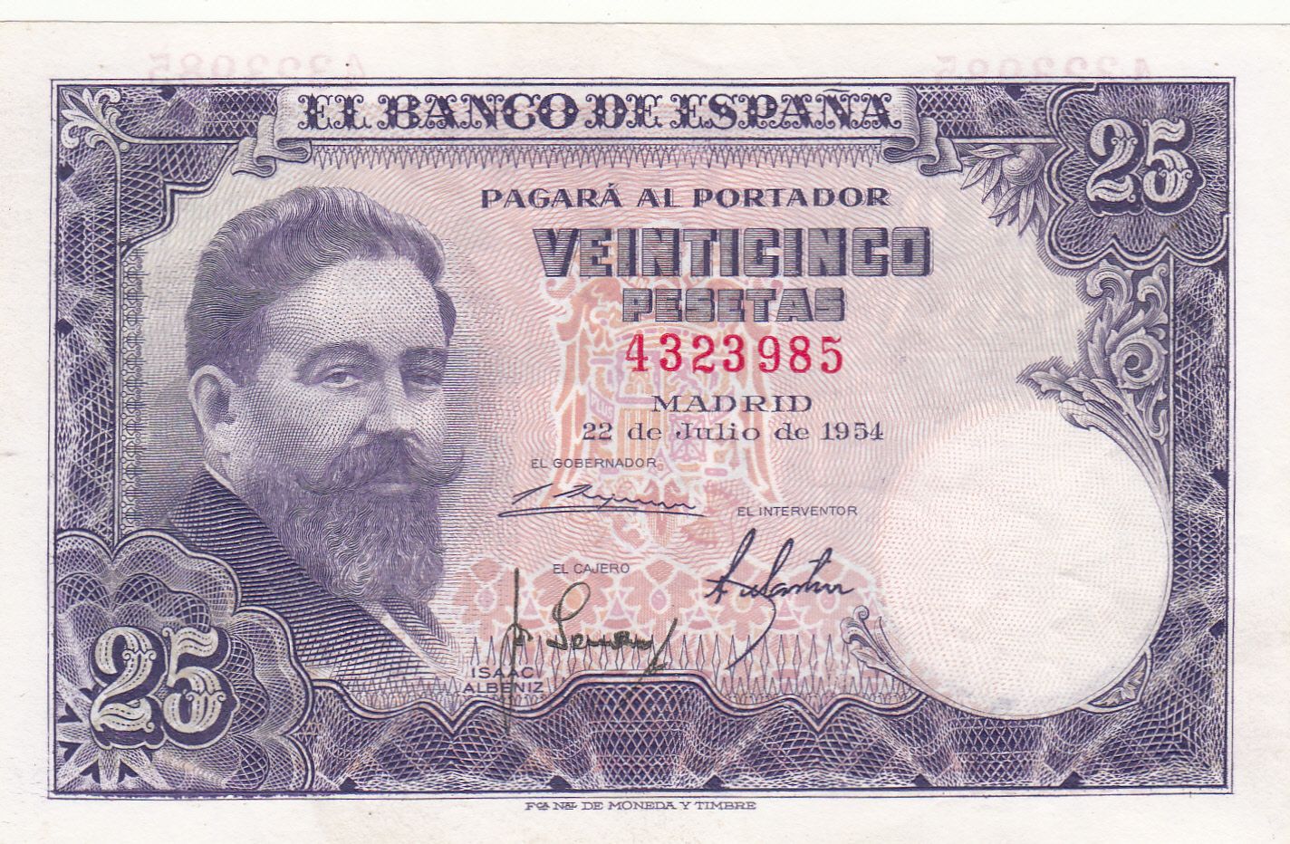 imagen-13-13345.jpg CRBS0903 BILLETE ESPAÑA 25 PESETAS 1954 SIN SERIE MBC - Imagen 1
