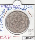 CR2451 MONEDA MARRUECOS 5 DIRHAMS 1329 PLATA B.O.