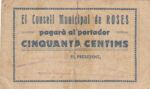 CRBL0072 BILLETE ESPAÑA CONSEJO MUNICIPAL DE ROSES (GIRONA) 50 CTS BC