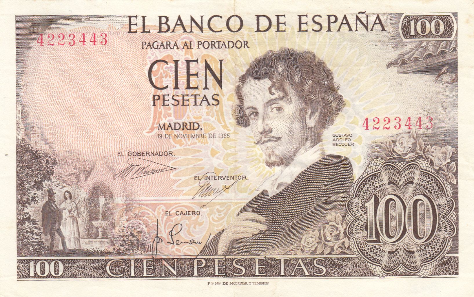 imagen-13-15580.jpg CRBS0967 BILLETE ESPAÑA 100 PESETAS 1965 SIN SERIE MBC - Imagen 1
