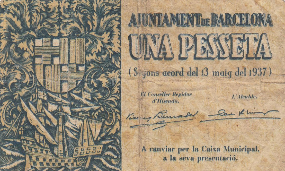 imagen-13-15729.jpg CRBL0101 BILLETE ESPAÑA LOCAL BARCELONA 1 PESETA 1937 BC - Imagen 1