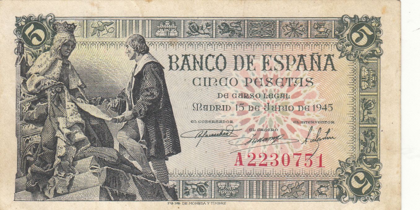 imagen-13-15782.jpg CRBS1104 BILLETE ESPAÑA 5 PESETAS 1945 MBC - Imagen 1