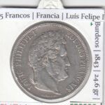 CR2220 MONEDA FRANCIA 5 FRANCOS (BURDEOS) 1843 MBC PLATA