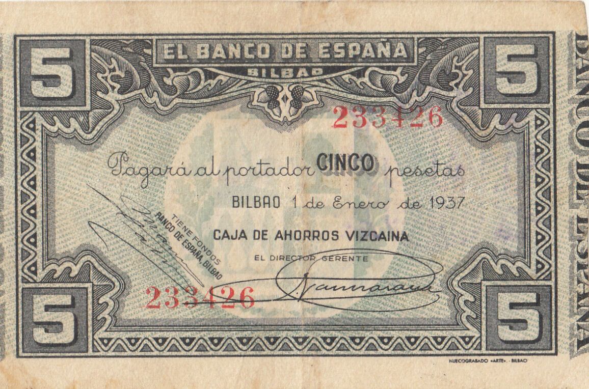 imagen-13-16523.jpg CRBL0145 BILLETE LOCAL BILBAO 5 PESETAS 1937 MBC - Imagen 1