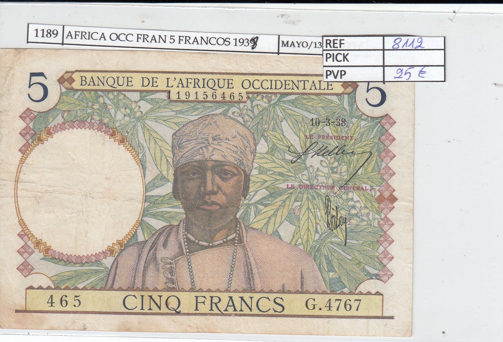 imagen-13-16666.jpg BILLETE AFRICA OCC. FRAN. 5 FRANCOS 1938 P-21a.6 MBC- - Imagen 1