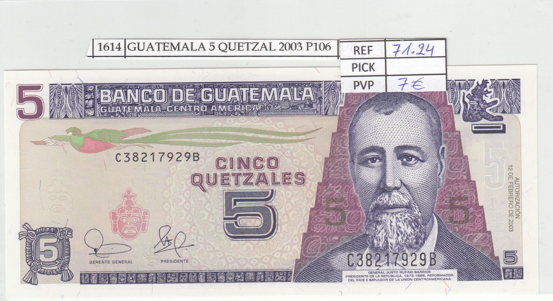 imagen-13-17551.jpg BILLETE GUATEMALA 5 QUETZAL 2003 P-106a N01614 - Imagen 1