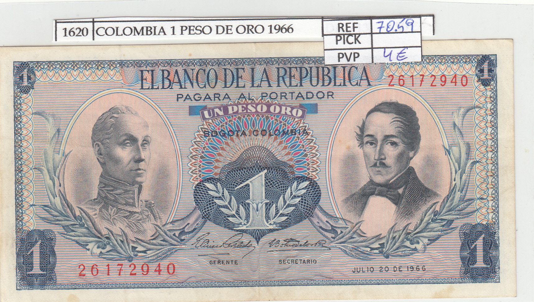 imagen-13-17553.jpg BILLETE COLOMBIA 1 PESO DE ORO 1966 P-404d.1 N01620 - Imagen 1